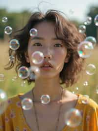 man blowing bubbles. all around her are floating bubbles. many bubbles floating. the bubbles reflect her face. she stands in a sunlit field.