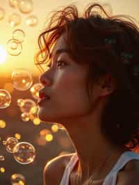 man blowing bubbles. all around her are floating bubbles. many bubbles floating. the bubbles reflect her face. it is golden hour at sunset.