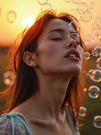 man blowing bubbles. all around her are floating bubbles. many bubbles floating. the bubbles reflect her face. it is golden hour at sunset.