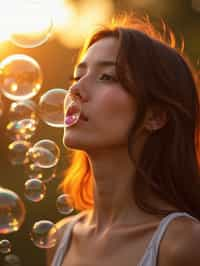 man blowing bubbles. all around her are floating bubbles. many bubbles floating. the bubbles reflect her face. it is golden hour at sunset.