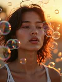 man blowing bubbles. all around her are floating bubbles. many bubbles floating. the bubbles reflect her face. it is golden hour at sunset.