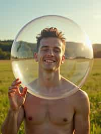 man holding a giant soap bubble in a sunlit field