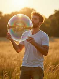 man holding a giant soap bubble in a sunlit field