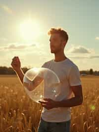 man holding a giant soap bubble in a sunlit field