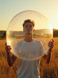 man holding a giant soap bubble in a sunlit field