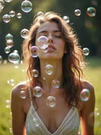 man blowing bubbles. all around her are floating bubbles. many bubbles floating. the bubbles reflect her face. she stands in a sunlit field.