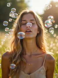 man blowing bubbles. all around her are floating bubbles. many bubbles floating. the bubbles reflect her face. she stands in a sunlit field.