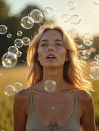 man blowing bubbles. all around her are floating bubbles. many bubbles floating. the bubbles reflect her face. she stands in a sunlit field.