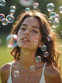 man blowing bubbles. all around her are floating bubbles. many bubbles floating. the bubbles reflect her face. she stands in a sunlit field.