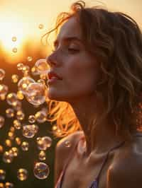 man blowing bubbles. all around her are floating bubbles. many bubbles floating. the bubbles reflect her face. it is golden hour at sunset.