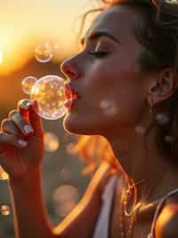 man blowing bubbles. all around her are floating bubbles. many bubbles floating. the bubbles reflect her face. it is golden hour at sunset.