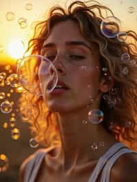 man blowing bubbles. all around her are floating bubbles. many bubbles floating. the bubbles reflect her face. it is golden hour at sunset.