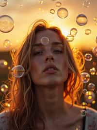 man blowing bubbles. all around her are floating bubbles. many bubbles floating. the bubbles reflect her face. it is golden hour at sunset.