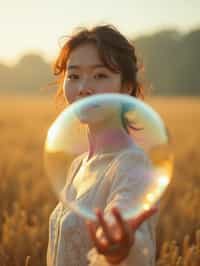 woman holding a giant soap bubble in a sunlit field