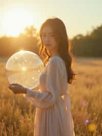 woman holding a giant soap bubble in a sunlit field