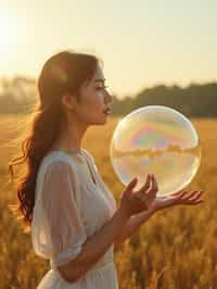 woman holding a giant soap bubble in a sunlit field