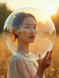 woman holding a giant soap bubble in a sunlit field