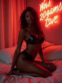 woman wearing high heels in a black sexy black pvc latex and lingerie bra  posing in bed room with neon sign, casey cooke, photo for a store, maxim magazine, beautiful sexy woman photo, woman body, maxim magazine cover, full body maxim set, sfw, laica chrose, one blonde, attractive feminine curves, female beauty, lingerie shoot