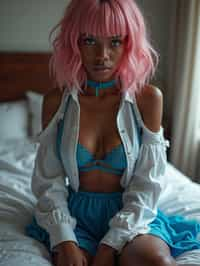 lingerie woman reflections, lingerie, extremely detailed, lingerie, 1girl, solo, medium hair, (pink hair), shirt, skirt, detailed clothes, blue skirt, blue shirt, detached sleeves, white shirt, bangs, (blue eyes, detailed eyes), choker, ribbon earrings, detached sleeves, looking at the viewer, from below,, wait, bedroom