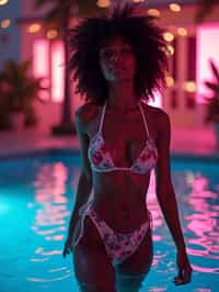 woman with hourglass figure,  in floral silk lingerie  at pool party with neon lights