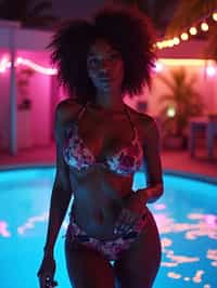 woman with hourglass figure,  in floral silk lingerie  at pool party with neon lights