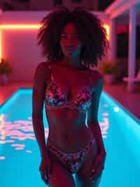 woman with hourglass figure,  in floral silk lingerie  at pool party with neon lights