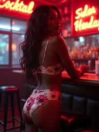 woman with hourglass figure,  in floral silk lingerie  at cocktail bar with neon lights