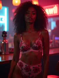 woman with hourglass figure,  in floral silk lingerie  at cocktail bar with neon lights