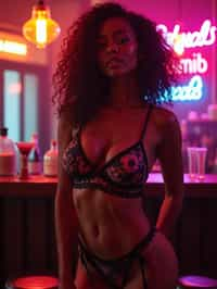 woman with hourglass figure,  in floral silk lingerie  at cocktail bar with neon lights