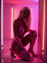 kneeling woman as woman, pink latex, thigh high boots night club, neon lights, platinum blonde