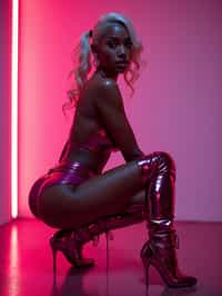 kneeling woman as woman, pink latex, thigh high boots night club, neon lights, platinum blonde