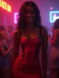 woman wearing (red bodycon dress) with (black suspenders garter straps)  in night club neon lights