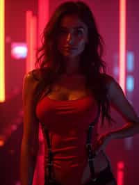 woman wearing (red bodycon dress) with (black suspenders garter straps)  in night club neon lights