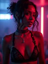 woman wearing (sexy nightlife lingerie club outfit mad max suspenders) with (black suspenders garter straps) in night club neon lights