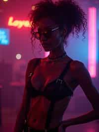 woman wearing (sexy nightlife lingerie club outfit mad max suspenders) with (black suspenders garter straps) in night club neon lights