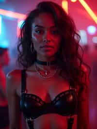 woman wearing (sexy nightlife lingerie club outfit mad max suspenders) with (black suspenders garter straps) in night club neon lights