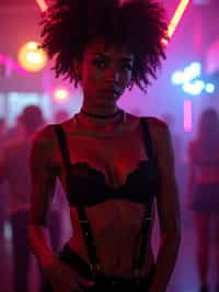 woman wearing (sexy nightlife lingerie club outfit mad max suspenders) with (black suspenders garter straps) in night club neon lights