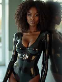 woman leaning against a reflective surface, wearing a glossy, skin-tight bodysuit that mirrors the surroundings