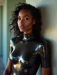 woman leaning against a reflective surface, wearing a glossy, skin-tight bodysuit that mirrors the surroundings