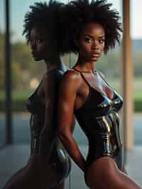 woman leaning against a reflective surface, wearing a glossy, skin-tight bodysuit that mirrors the surroundings