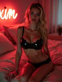 woman wearing high heels in a black sexy black pvc latex and lingerie bra  posing in bed room with neon sign, casey cooke, photo for a store, maxim magazine, beautiful sexy woman photo, woman body, maxim magazine cover, full body maxim set, sfw, laica chrose, one blonde, attractive feminine curves, female beauty, lingerie shoot