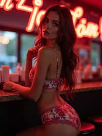 woman with hourglass figure,  in floral silk lingerie  at cocktail bar with neon lights