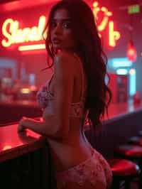 woman with hourglass figure,  in floral silk lingerie  at cocktail bar with neon lights