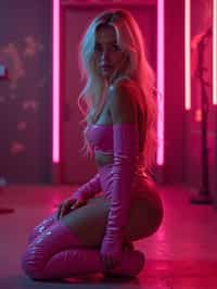 kneeling woman as woman, pink latex, thigh high boots night club, neon lights, platinum blonde