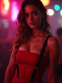 woman wearing (red bodycon dress) with (black suspenders garter straps)  in night club neon lights