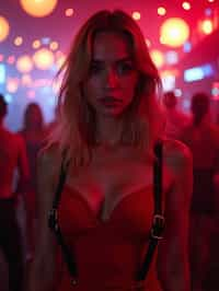 woman wearing (red bodycon dress) with (black suspenders garter straps)  in night club neon lights