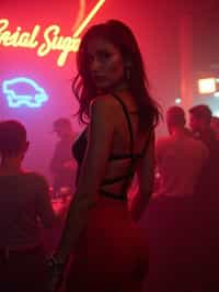 woman wearing (red bodycon dress) with (black suspenders garter straps)  in night club neon lights