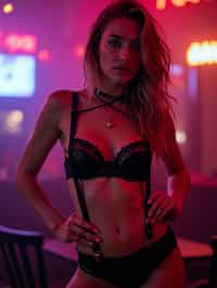 woman wearing (sexy nightlife lingerie club outfit mad max suspenders) with (black suspenders garter straps) in night club neon lights