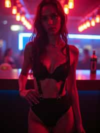 woman wearing (sexy nightlife lingerie club outfit mad max suspenders) with (black suspenders garter straps) in night club neon lights