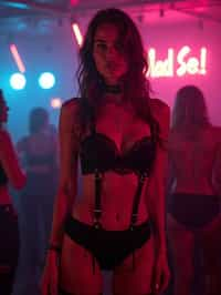 woman wearing (sexy nightlife lingerie club outfit mad max suspenders) with (black suspenders garter straps) in night club neon lights